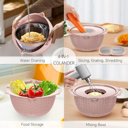 4-1 Colander with Bowl Set - Pasta Strainer - Colander for Kitchen - Strainers and Colanders Rice Strainer Fruit Cleaner Veggie Wash Sink Strainer Kitchen Essentials - Black