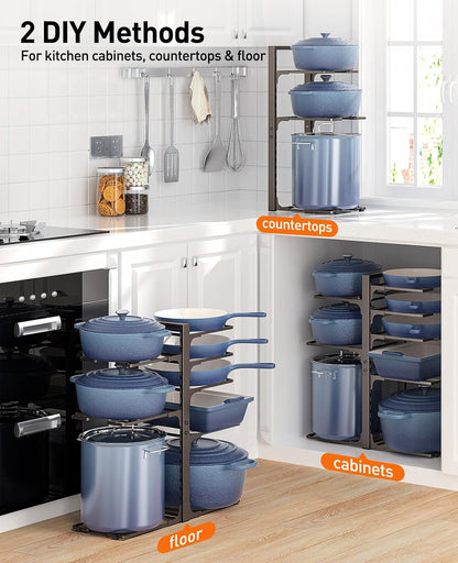 ORDORA Pots and Pans Organizer for Cabinet 16.61 Height, 8 Tier Pot Organizers Rack with 3 DIY Methods, Adjustable Pan Organizer under Cabinet Kitchen Organization and Storage