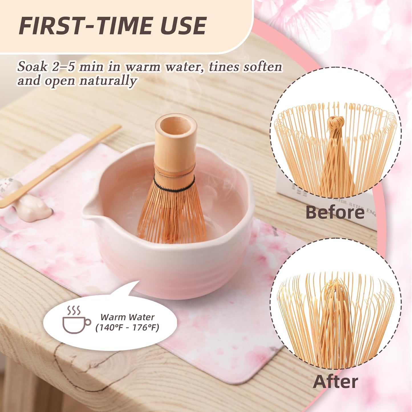 6-Piece Matcha Whisk Set Pink, 18oz Matcha Bowl with Spout, Bamboo Whisk and Chasen Holder, Pink Matcha Kit, Cute Macha Gift Set for Women & Matcha Lovers Starters, Mother's Day Gift