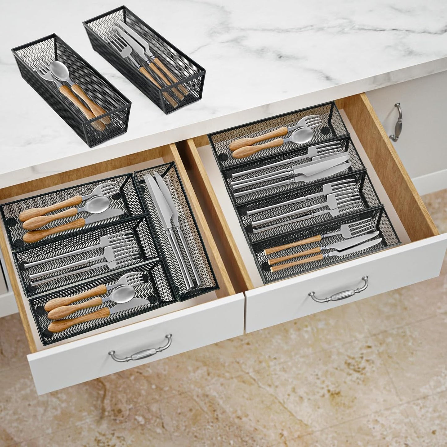 Neudeco Silverware Drawer Organizer - 5 Compartment Cutlery Tray with Non-Slip Feet, Mesh Wire Flatware Storage Divider for Kitchen, Bedroom, Living Room (Silver)