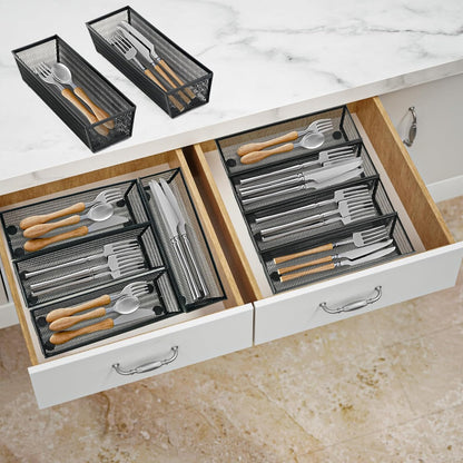 Neudeco Silverware Drawer Organizer - 5 Compartment Cutlery Tray with Non-Slip Feet, Mesh Wire Flatware Storage Divider for Kitchen, Bedroom, Living Room (Silver)