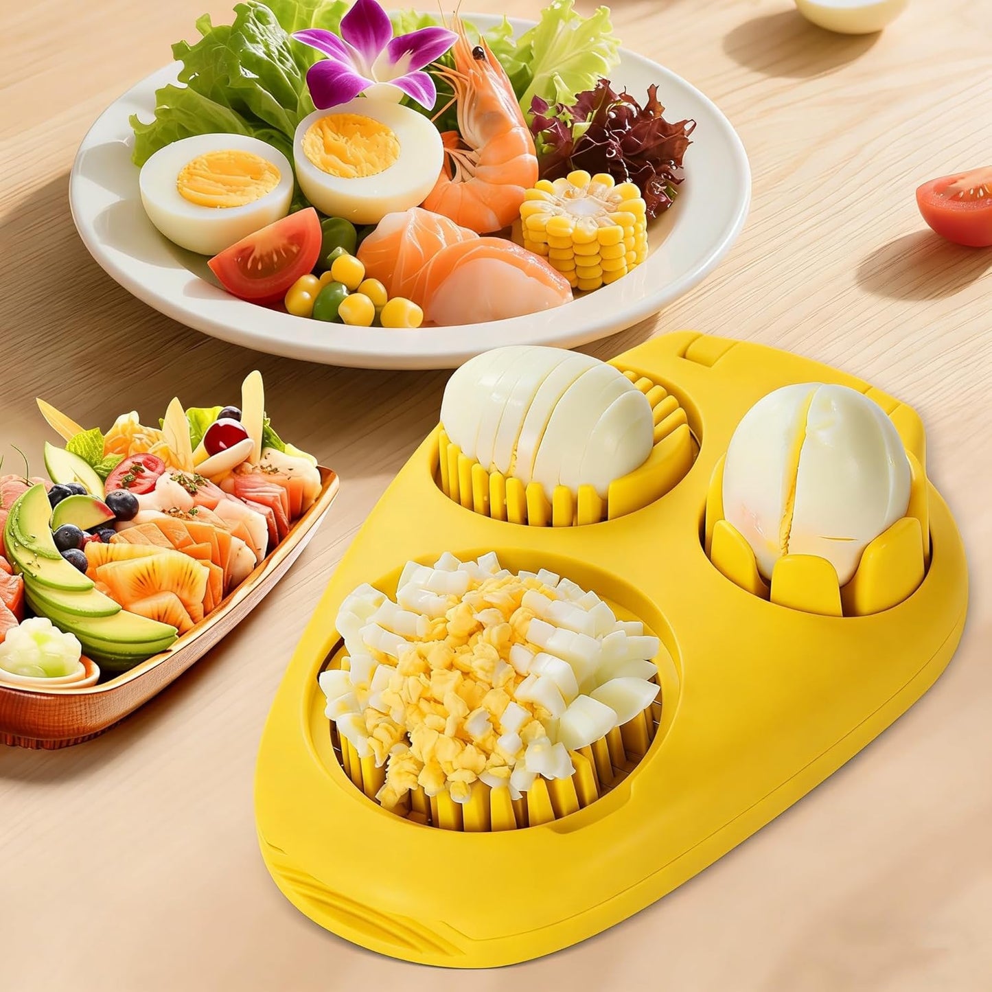 3-In-1egg Slicer For Hard Boiled Eggs,Stainless Heavy Duty Steel Egg Slicer Kitchen Gadget, Fit Strawberry,Apple,Banana,Cherry,Tomato,White