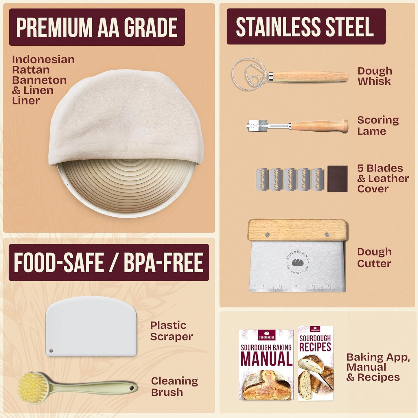 Superbaking Sourdough Starter Kit, 9" Round Banneton Bread Proofing Basket Set, Sourdough Bread Baking Supplies, Sourdough Tools with Silicone Bread Sling, Bread Making Tools, Baking Gifts