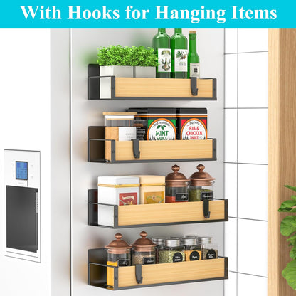 HuggieGems Metal 4 Pack Magnetic Spice Storage Rack Organizer for Refrigerator and Oven, Black Fridge Organizers and Storage, Metal