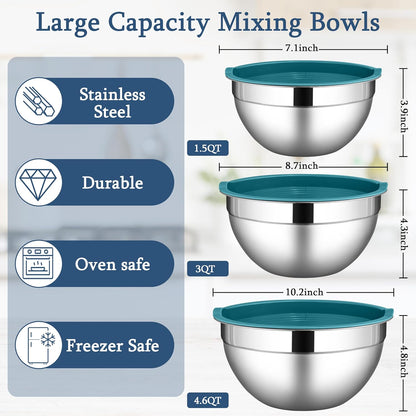LIANYU Mixing Bowls with Lids Set of 3, Large & Small Stainless Steel Nesting Metal Bowls for Kitchen Storage, Dishwasher Safe, Size 1.5QT & 3QT & 4.6QT, Black