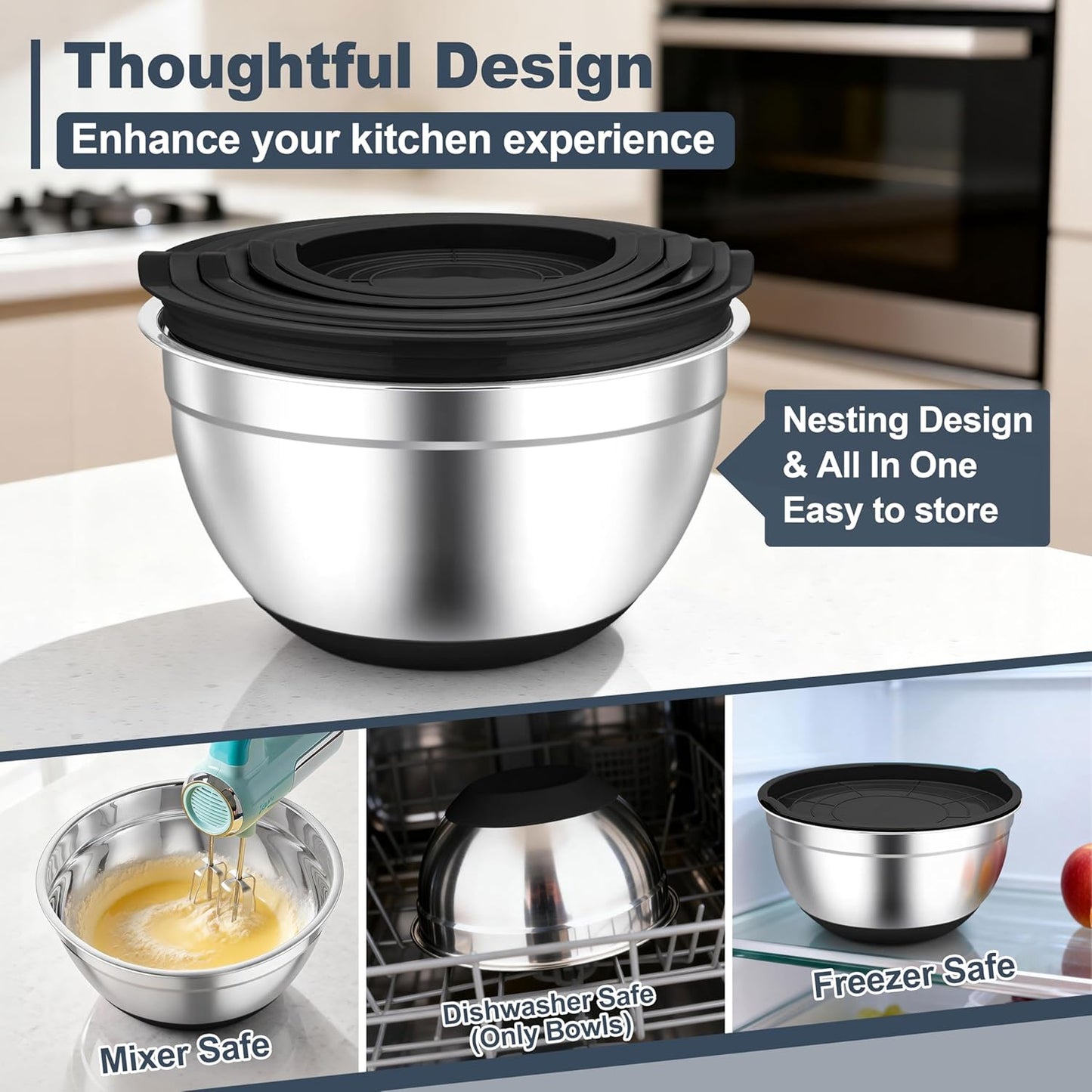 TeamFar Mixing Bowls, Black Mixing Bowls with Lids Set, Stainless Steel Nesting Salad Bowl with Air-tight Lid & Silicone Bottom, Non Slip & Stackable - Set of 6-4.6/2.6/2 / 1.5/1 / 0.7 Qt