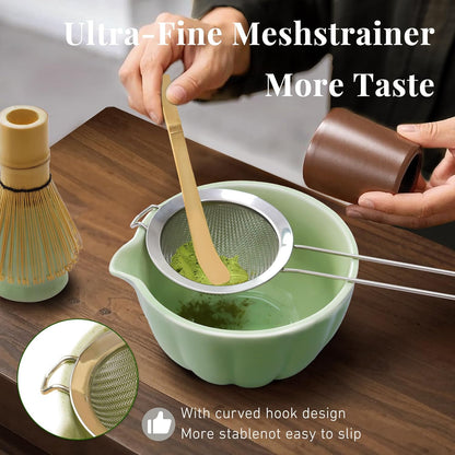 Renmxj Matcha Whisk Set,7 PCS Ceramic Matcha Kit Includes Matcha Bowl with Spout, Matcha Whisk and Holder, Bamboo Scoop, Stainless Sifter, Tea Towel, Unique Gift for Matcha Lovers (Pink)