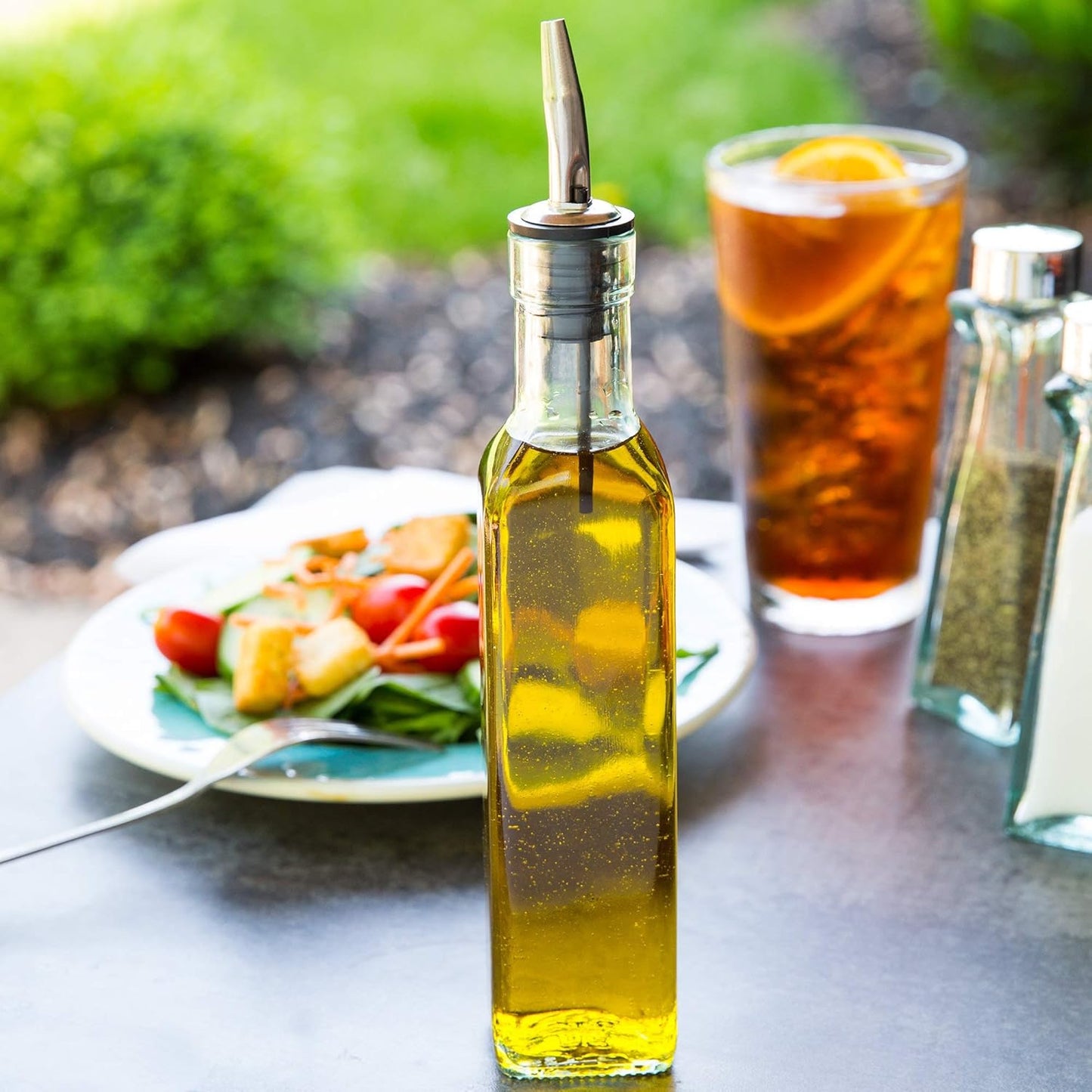 Tablecraft H9085 Glass Oil And Vinegar Cruet, Olive Oil Dispenser With Stainless Steel Spout, Slight Green Tint, 8.5 Ounce