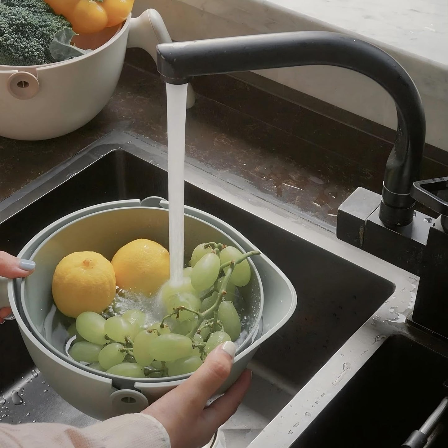 2-1 Kitchen Colander Rotating Washing Basket with Handle - Pasta Strainer - Fruit Washing Bowl with Strainer - Fruit Rinser Container (Avocado Green)