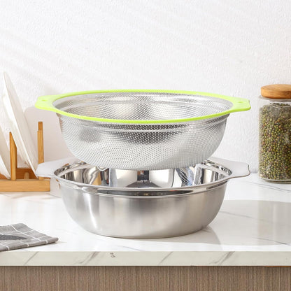 Colander Stainless Steel Microporous, 2QT Rice Strainer with Mixing Bowl, Rice Washer Bowl Set with Handle, Food-Grade Strainers and Colanders for Kitchen, Pasta, Fruit, Dishwasher Safe