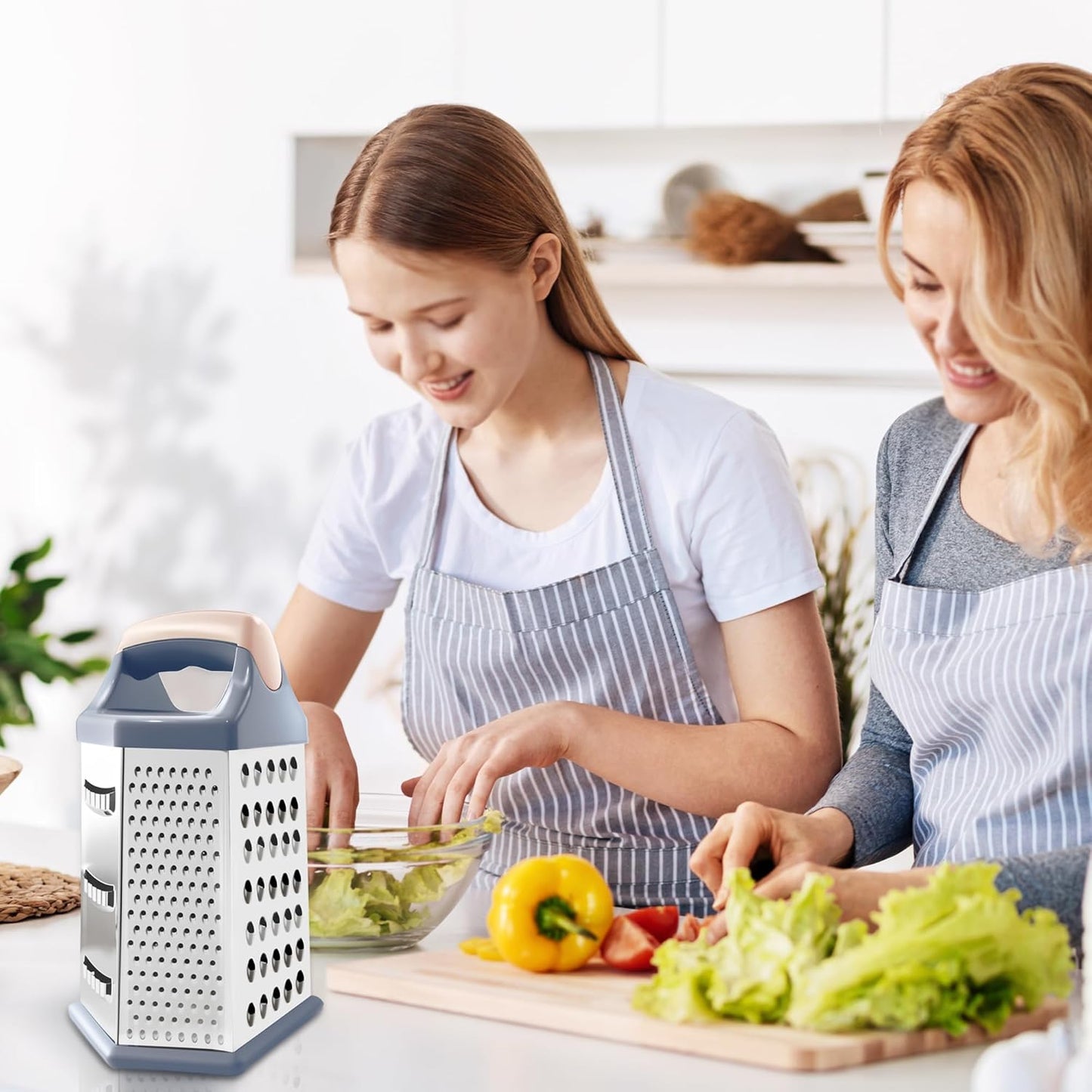 Cheese Grater, 6 Sides Box Graters for Kitchen, Stainless Steel Food Shredders for Cheese Vegetables Potatoes Carrot (Pink Handle)