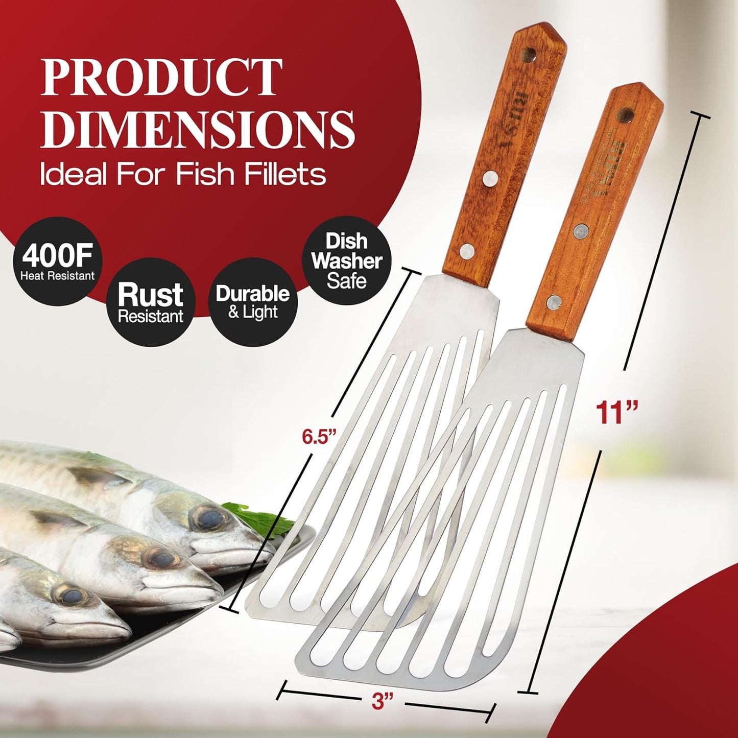 1 Slotted Elegant Silver Fish Turner Spatula – Metal Fish Spatula with 6.5-Inch Blade & Ergonomic Walnut Wooden Handle – Ideal for Home and Professional Chefs
