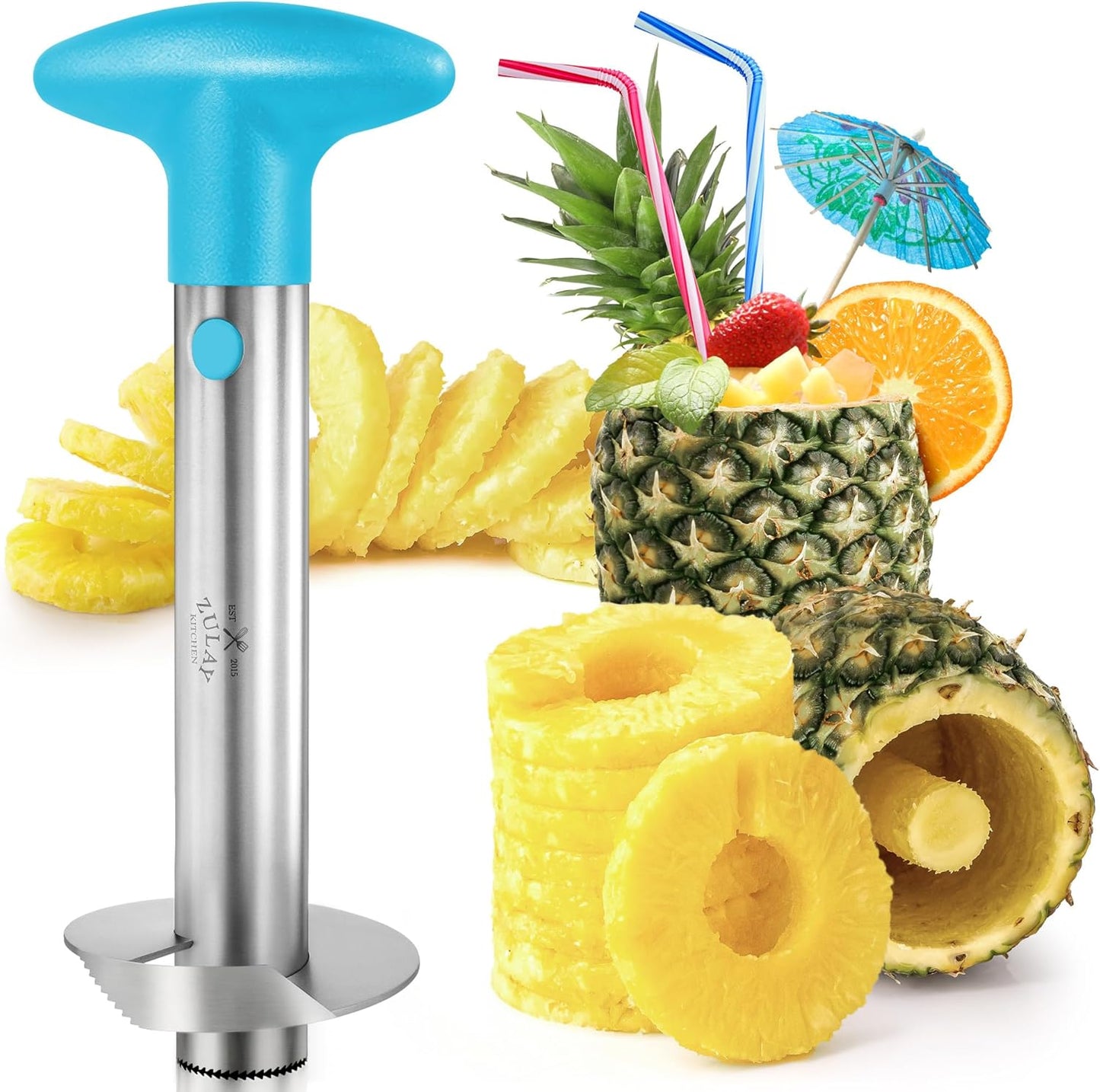 Zulay Kitchen Stainless Steel Pineapple Corer & Slicer – Heavy Duty Pineapple Cutter & Eye Removal Tool – Effortless Core Remover Tool with Sharp Reinforced Blade & Ergonomic Handle - Light Blue