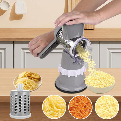 Rotary Cheese Grater Hand Crank with Peeler, Cheese Shredder with 3 Stainless Steel Changeable Blades, Kitchen Food Slicer with Non-Slip Suction Base for Cheese Fruit Vegetables Nuts (Gray)