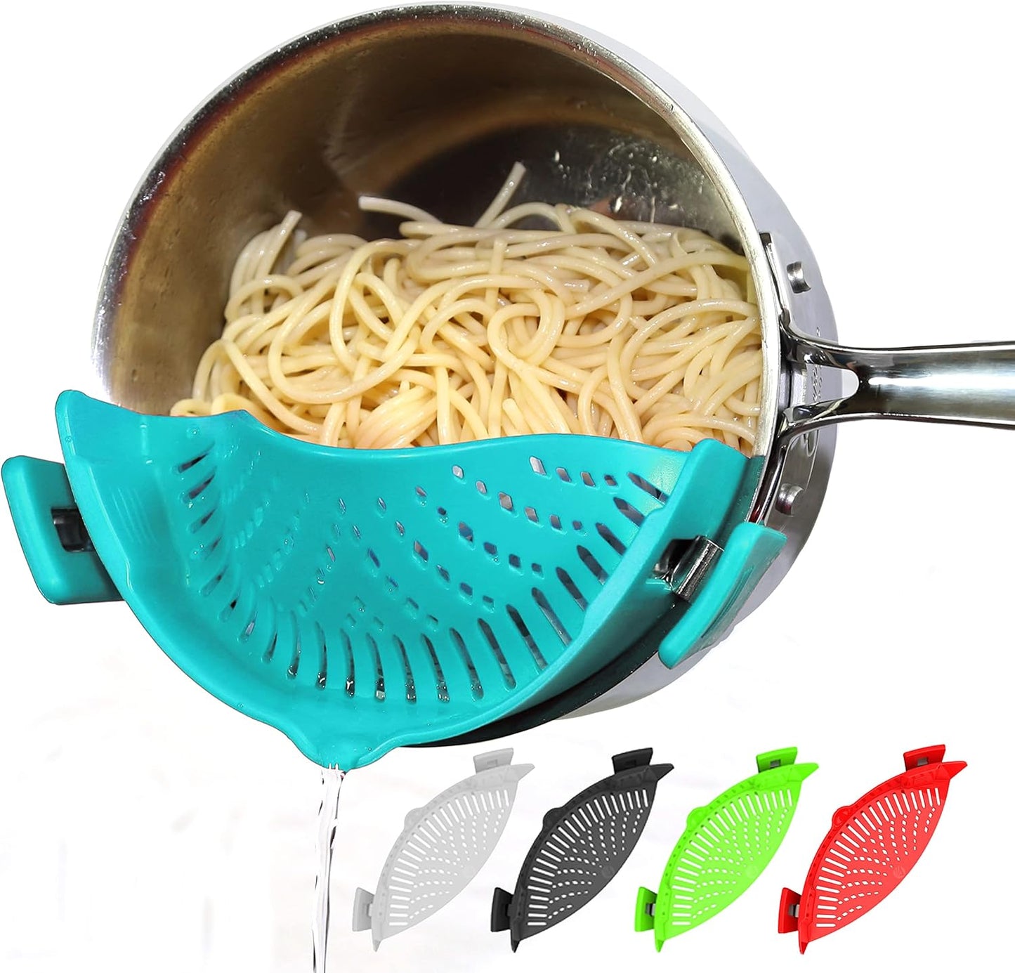 Arlig Clip On Pasta Strainer Silicone Universal Fit for all Pots and Bowls Snap On Drainer for Meat, Vegetables, Fruit Colander for Kitchen Easily Drain Food Space Saving