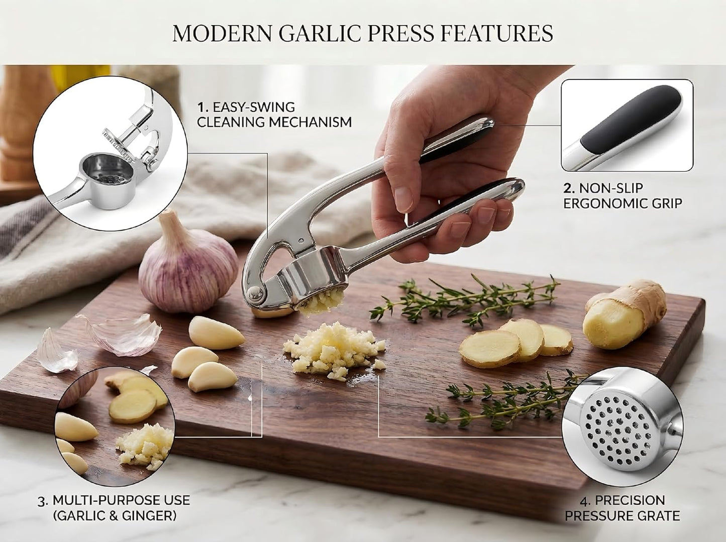 Heavy Duty Zinc Alloy Garlic Press & Mincer - Professional Rust-Proof Crusher for Garlic, Ginger and Nuts - Ergonomic Easy Squeeze Kitchen Gadget