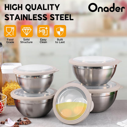 Onader Mixing Bowls with Lids Set of 6, Large Metal Nesting Mixing Bowls, Stainless Steel Non-Slip Salad Bowl Khaki – Size 1, 1.5, 2, 2.6, 3.5, 7QT