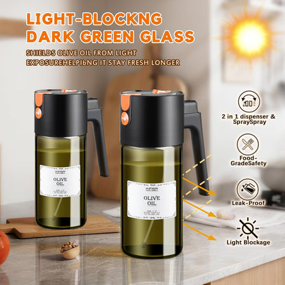 Glass 2 In 1 Olive Oil Dispenser Bottle for Kitchen Gadgets, Olive Oil Sprayer for Cooking 17oz/500ml (Light Blockage, Green)
