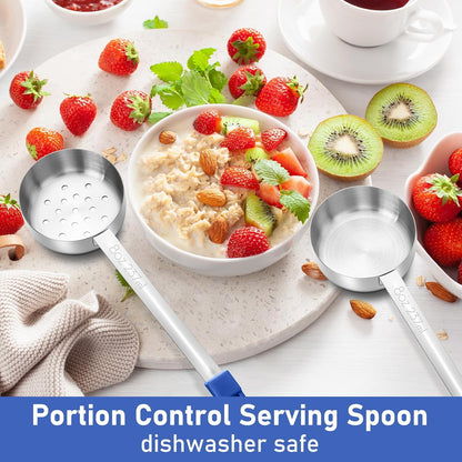 Teenyyou 2 Pcs Portion Control Serving Spoons, Restaurant Measuring Serving Ladle Utensils, Portion Spoons for Weight Loss, Kitchen(Red,2 oz,Solid and Slotted)