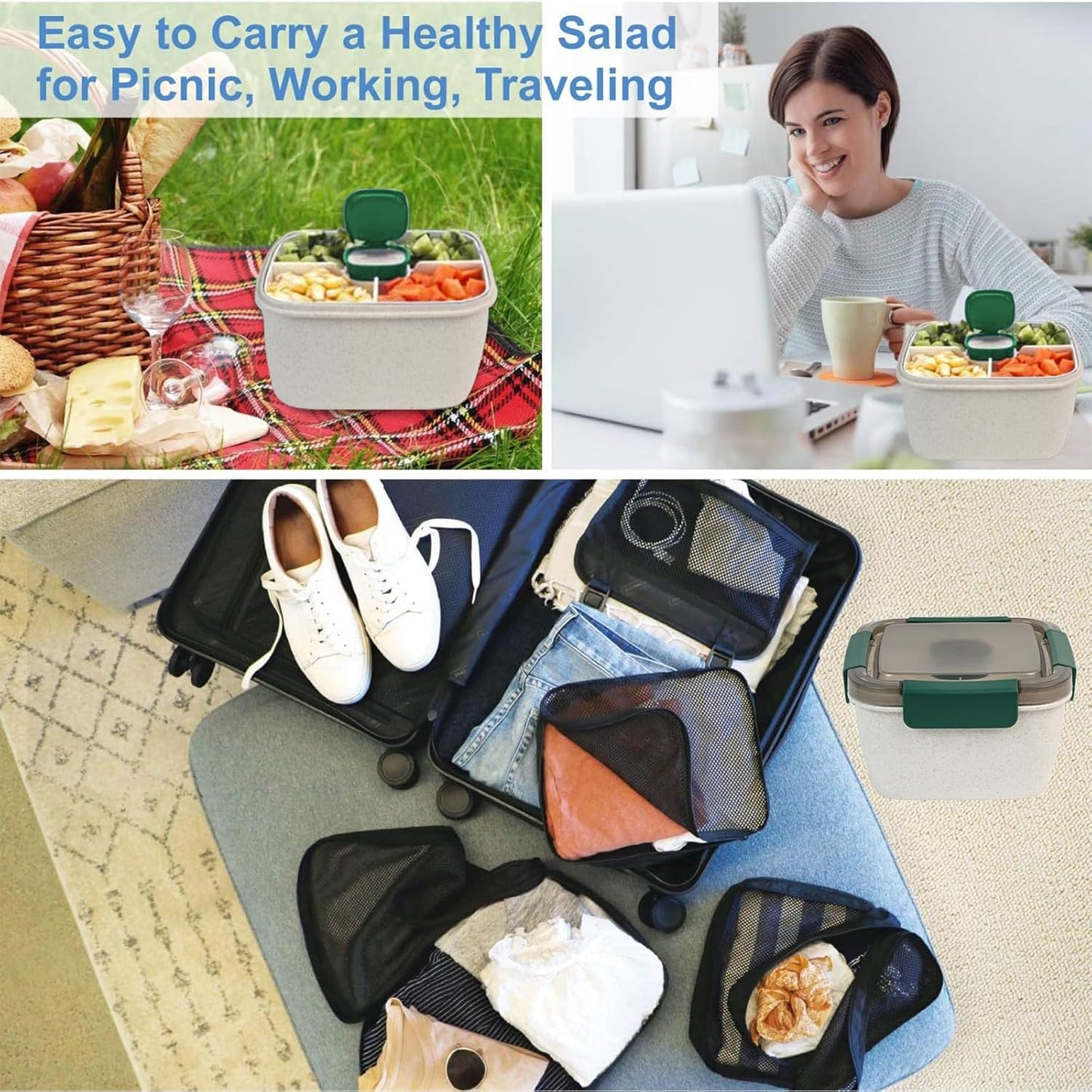 Freshmage Salad Lunch Containers To Go, 2 Pack 52-oz Bowls with 3 Compartments, Dressing Containers for Toppings, Snacks - Pink & Green