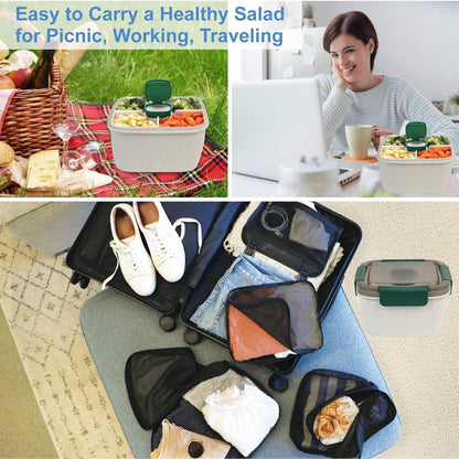 Freshmage Salad Lunch Containers To Go, 2 Pack 52-oz Bowls with 3 Compartments, Dressing Containers for Toppings, Snacks - Pink & Green