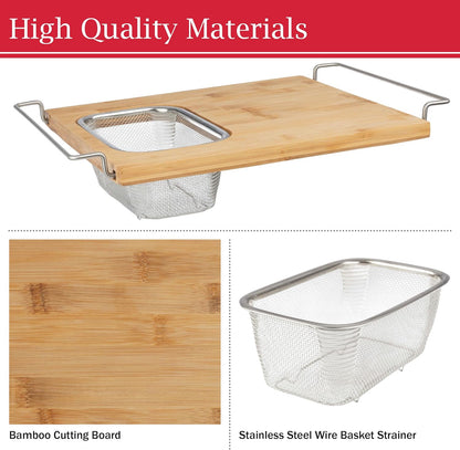 Cutting Board with Strainer - 2 in 1 Adjustable Bamboo Chopping Board with Removable Stainless Steel Colander for Over the Sink by Classic Cuisine