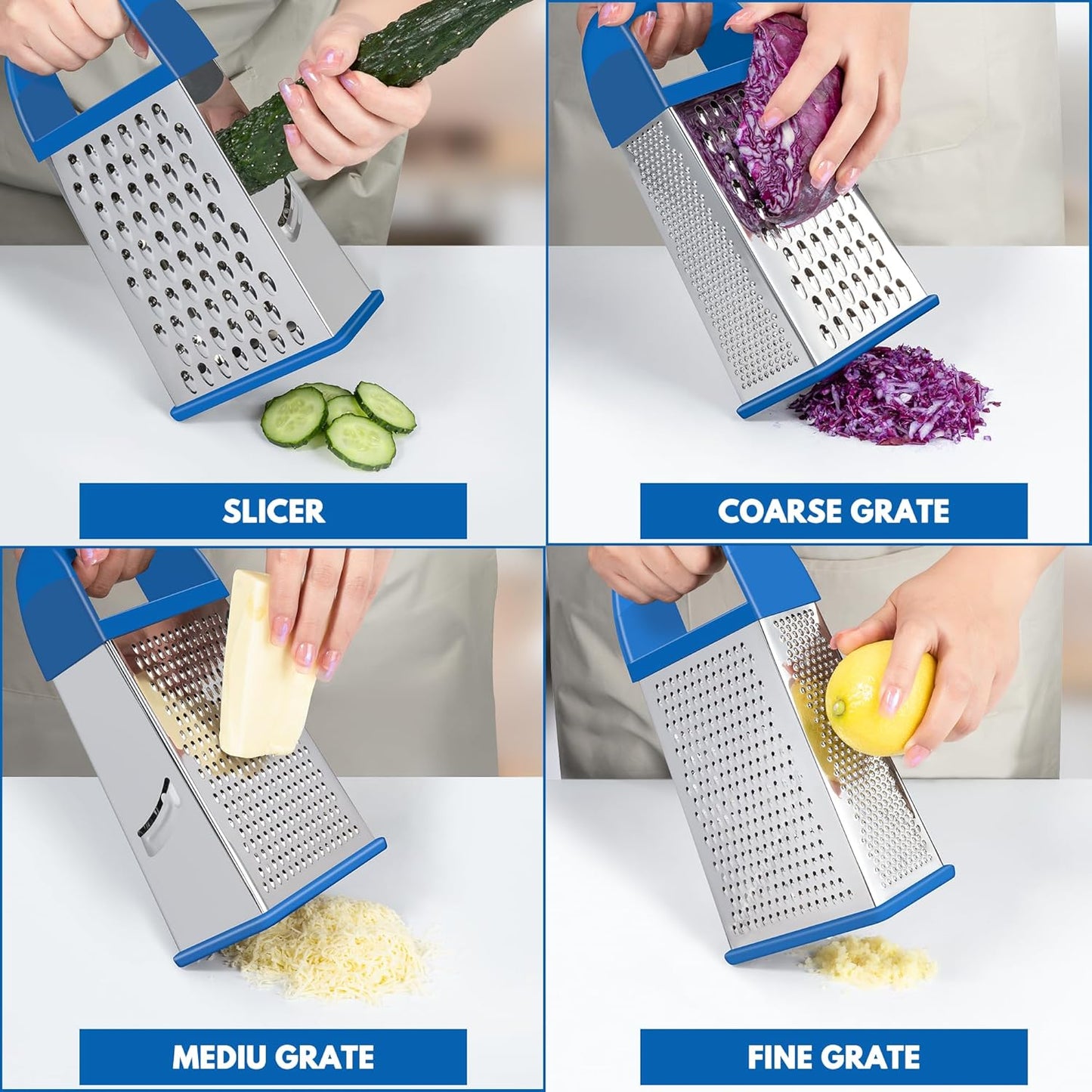 Urbanstrive Cheese Grater With Container, Professional Cheese Grater with Handle, Stainless Steel Graters for Kitchen Handheld, Box Grater with 4 Sides for Vegetables, Ginger, Potatoes (Blue)