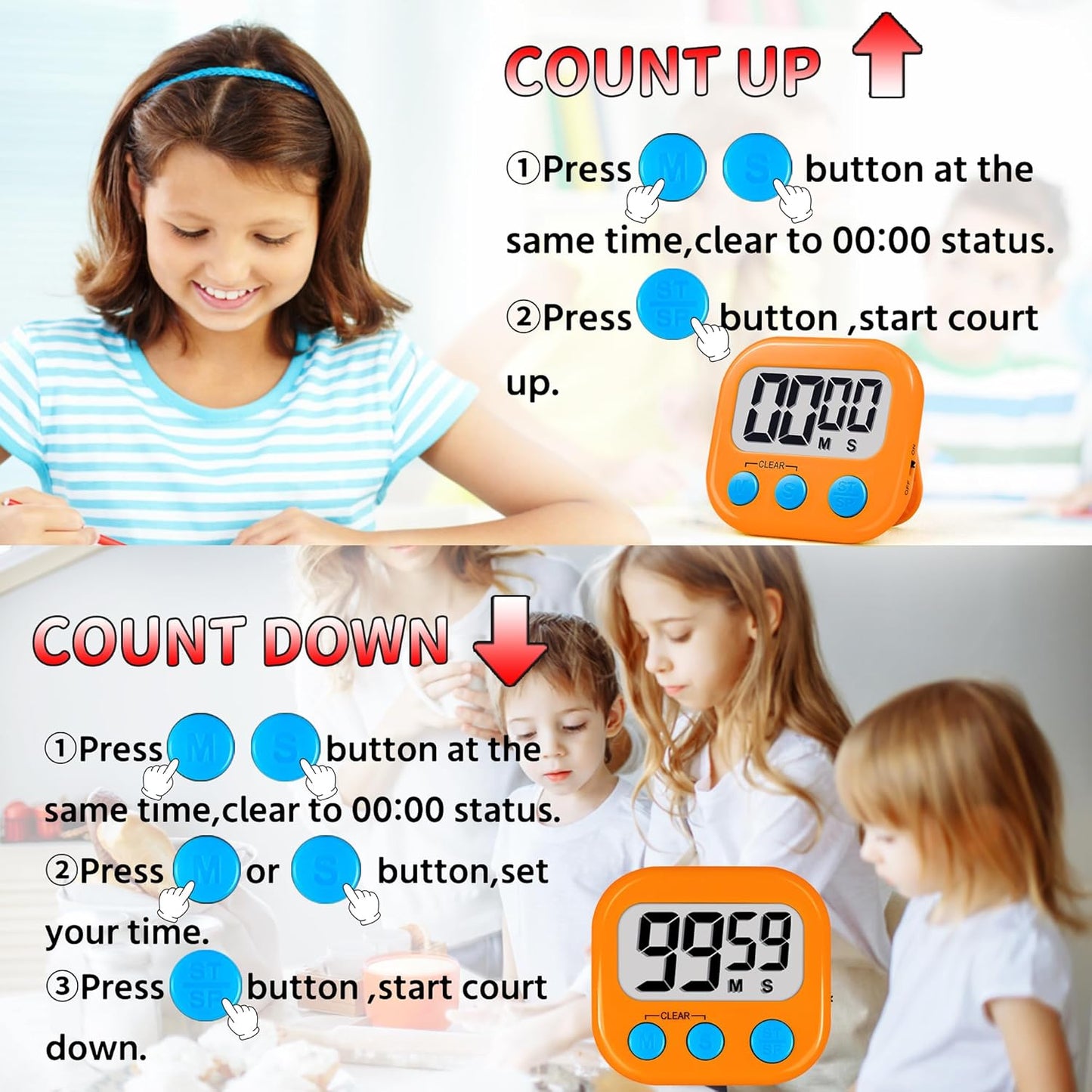 Timer for Kids Teachers Supplies Digital Kitchen Timers for Cooking Large Magnetic Classroom Timer 2Pack-Blue Green