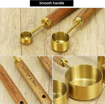 QWORK 8-Piece Stainless Steel Measuring Cups and Spoons Set - Non-Slip Solid Wood Handles, for Baking, Cooking, Grilling