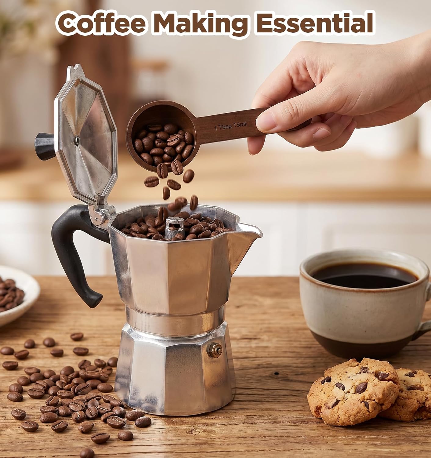1PCS Wooden Tablespoon Scoop, 1 Tablespoon Wooden Coffee Scoop for Ground Coffee, Beans, Tea & Spices, Walnut Wood Measuring Spoon, 0.5 Oz (15ml) (Brown, 4.6 X 1.9 Inches)