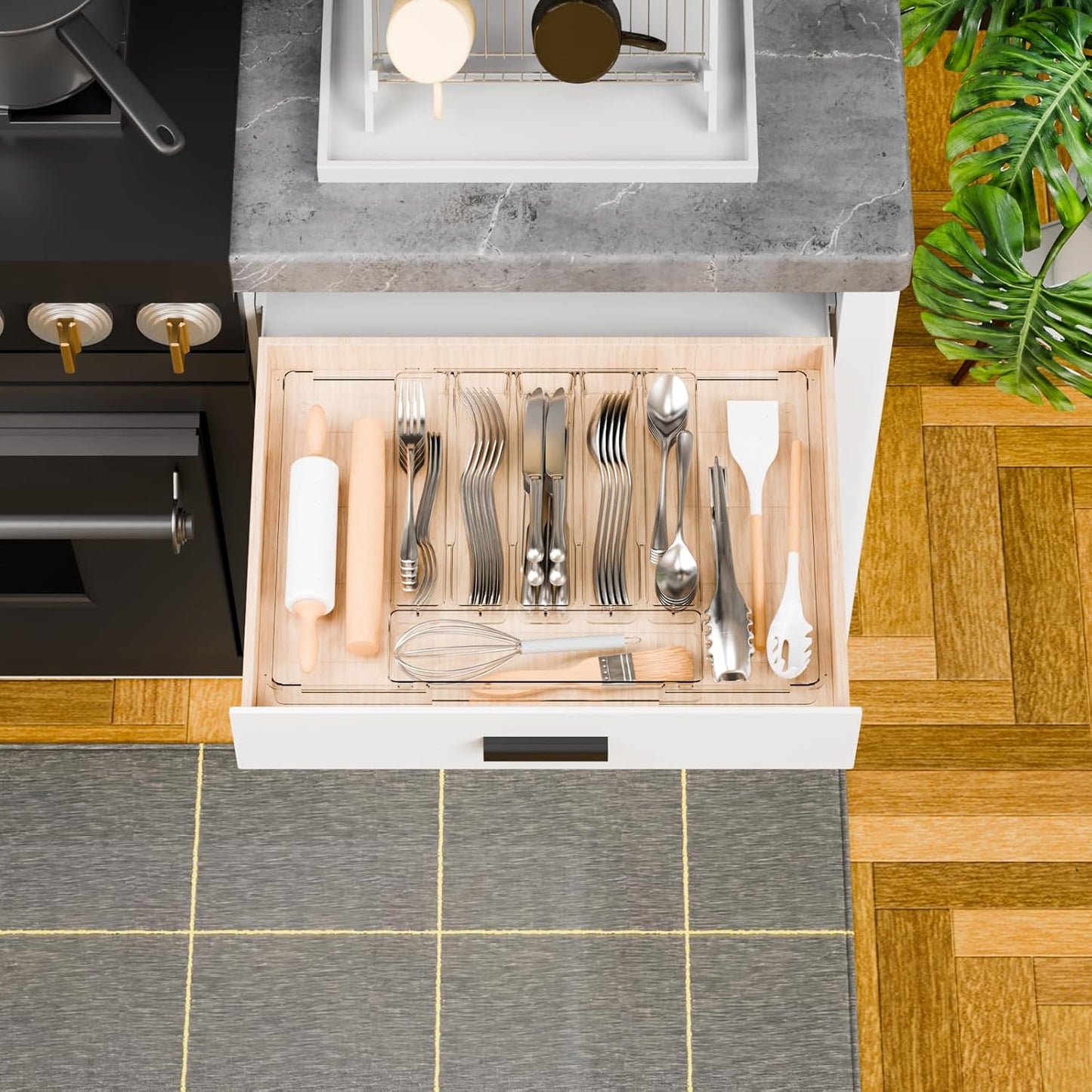 Yieach Clear Expandable Silverware Drawer Organizer,9.4-15.6In Adjustable Silverware Tray for Drawer,Acrylic Kitchen Utensil Drawer Organizer for Cutlery,Flatware Organizers and Fork and Spoon Holder