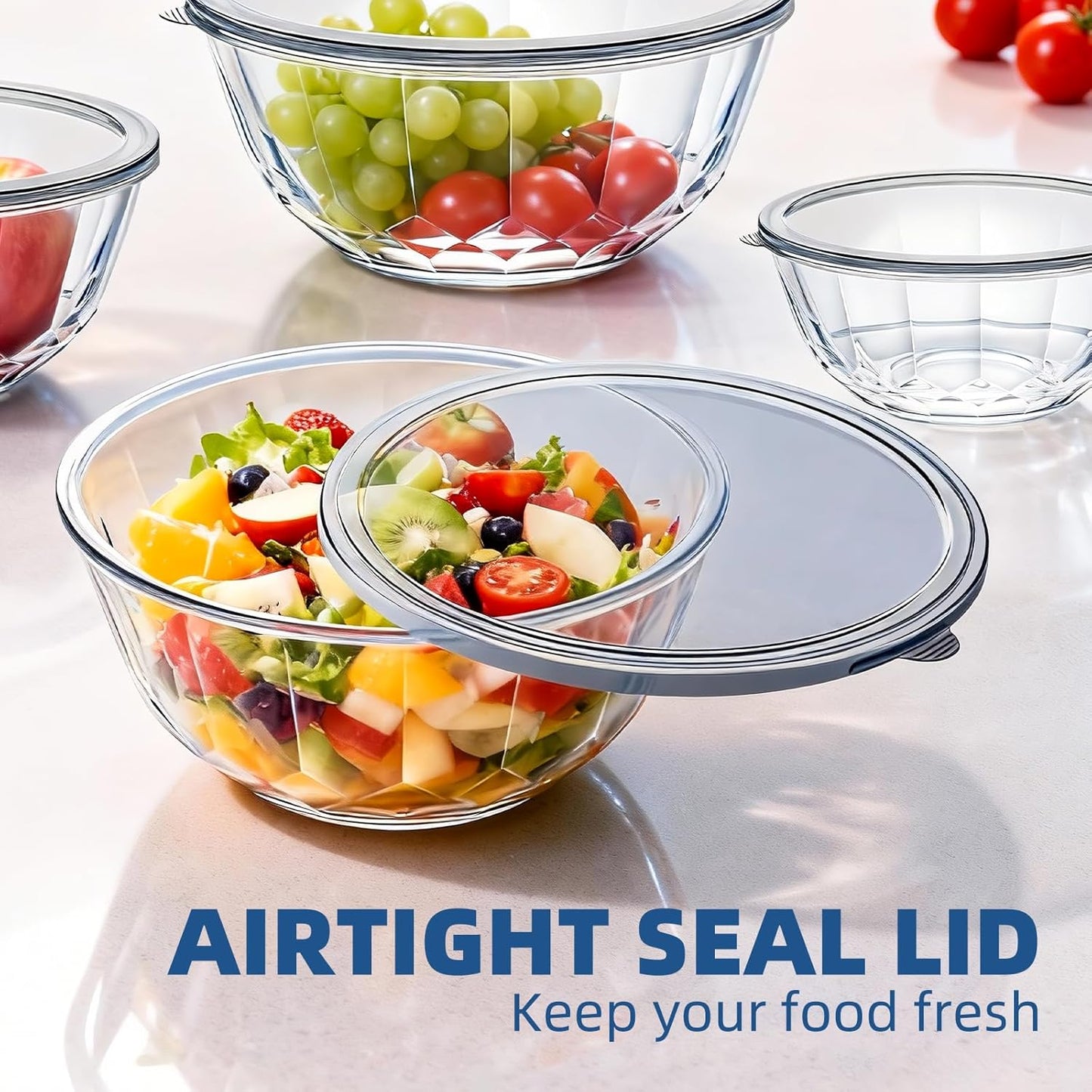 Luvan Glass Mixing Bowls with Lids Set(4.5QT, 2.7QT, 1.1QT)-Large Glass Mixing Bowls, Clear Salad Bowl for Baking, Cooking, Serving, Food Prep, 3PC Nesting Bowls for Kitchen Storage & Dishwasher Safe