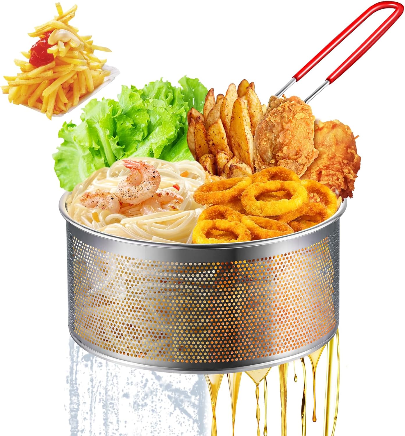 Yimi 16.5 Inch Spider Strainer | Stainless Steel Kitchen Cooking Skimmer with Double Hook Long Handle | Spiral Wire Spoon Ladle with Reinforced Double Coil for Cooking and Frying, Ideal for Gift