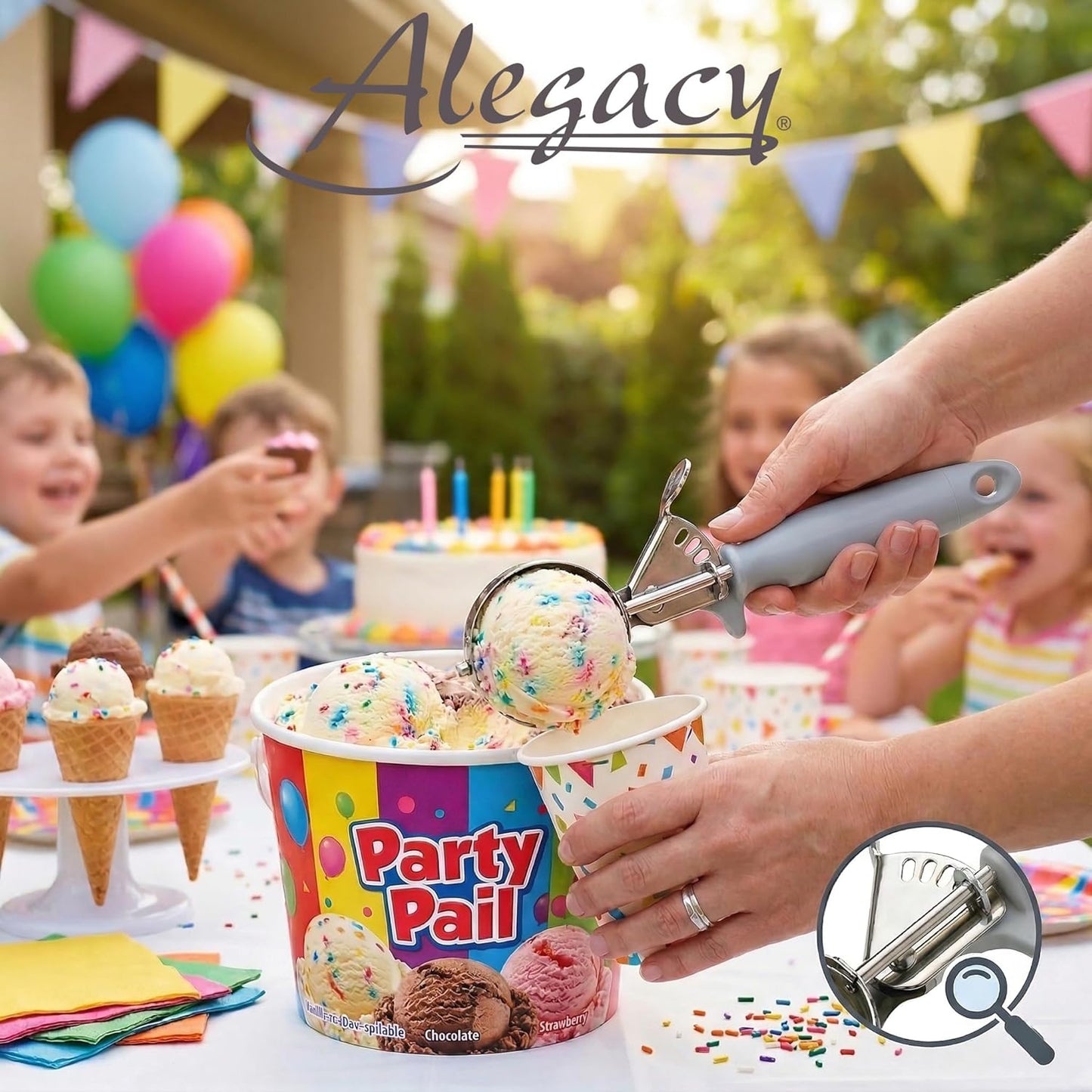 Alegacy Ice Cream Scoop Disher 7/8 oz – Stainless Steel Commercial Ice Cream Scooper with Ergonomic Black Handle – Heavy Duty Trigger Release Portion Scoop for Ice Cream, Gelato | AL13040
