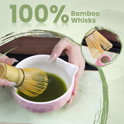 Matcha Whisk Set – Ceramic Matcha Bowl with Pour Spout, Bamboo Whisk, Whisk Holder, Scoop, Sifter – Japanese Matcha Kit for Beginners (Blue)