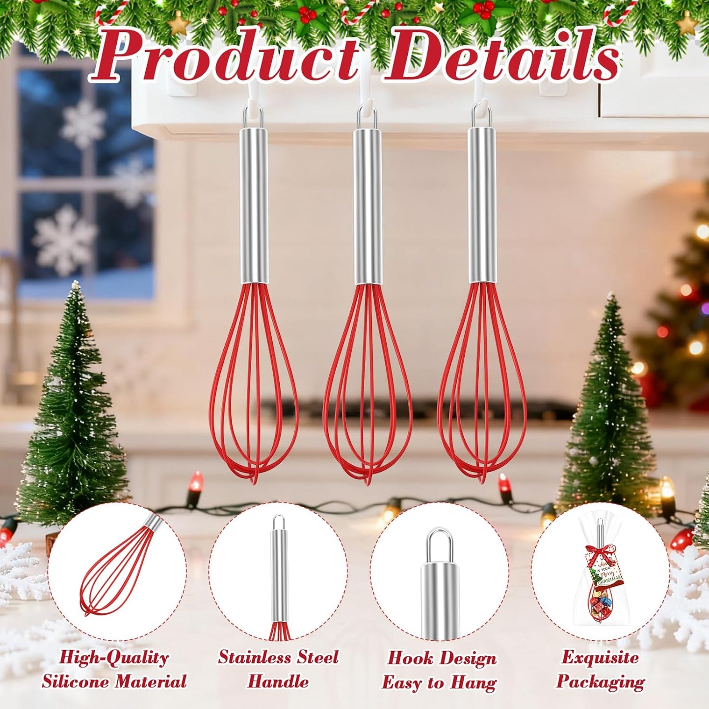 24 Sets Christmas Whisk Gift Sets Xmas Party Favors Includes 10 Inch Stainless Steel Egg Beaters Greeting Cards Ribbons Plastic Bags Ideal for Baking Cooking Stocking Stuffers Holiday (24, 10 Inch)