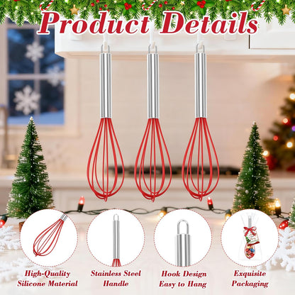24 Sets Christmas Whisk Gift Sets Xmas Party Favors Includes 10 Inch Stainless Steel Egg Beaters Greeting Cards Ribbons Plastic Bags Ideal for Baking Cooking Stocking Stuffers Holiday (24, 10 Inch)