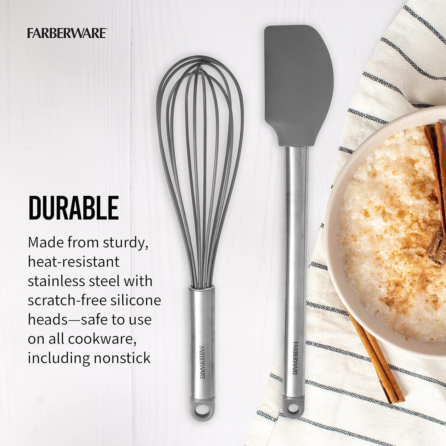 Farberware Professional 2 Piece Baking Set with Stainless Steel Wire Whisk and Stanless Steel Handle, Grey Silicone Head Spatulas For Beating, Blending, Mixing, and Scraping
