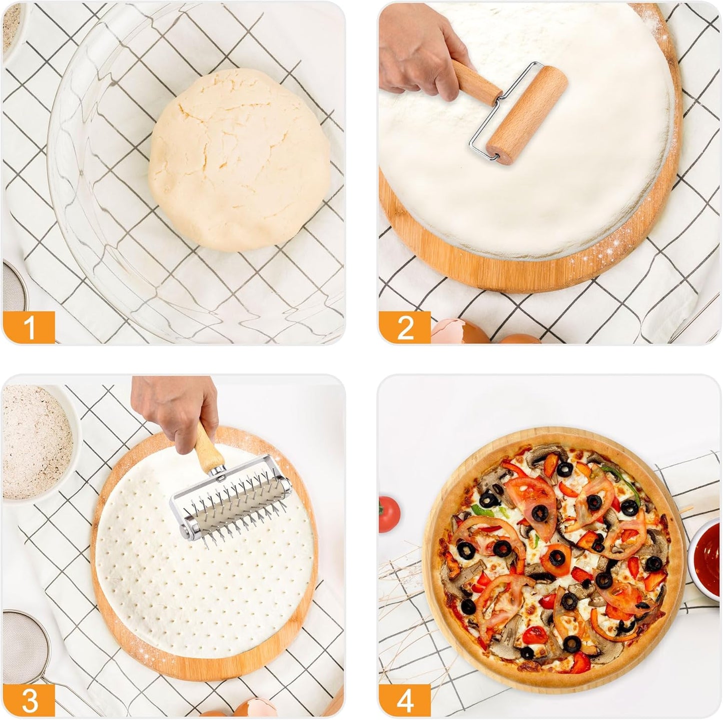 2Pcs Pizza Dough Roller & Dough Docker, Wood Rolling Pin Stainless Steel Dough Hole Puncher for Pizza, Pie, Pastry, Bread, Pasta, Cookie, Crust, burlywood, JKUS20407