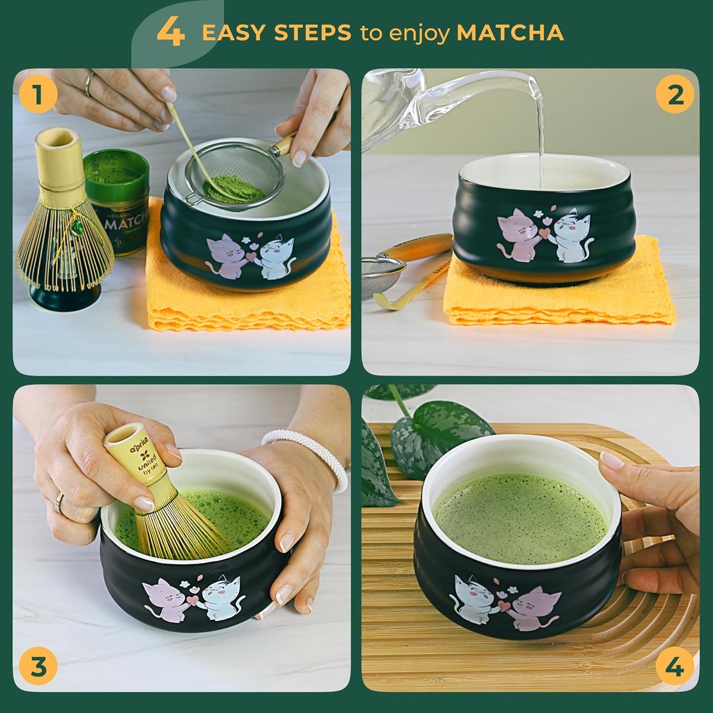 Aprika Life Matcha Bamboo Whisk Set with Holder | 100 Prong Chasen, Bamboo Scoop & Glass Whisk Holder | Matcha Whisk and Holder Starter Kit