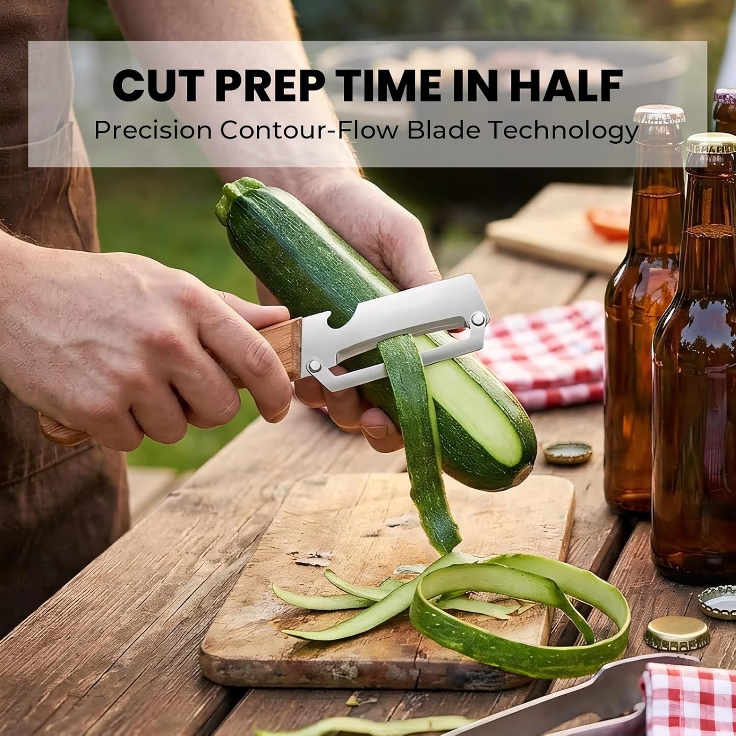 Sakerplus Multifunctional Vegetable Peeler with Wooden Handle and Bottle Opener, 2-in-1 Stainless Steel Blade, Contour-Flow for Kitchen Prep, Camping, Apple Potato Pumpkin Papaya Peeling