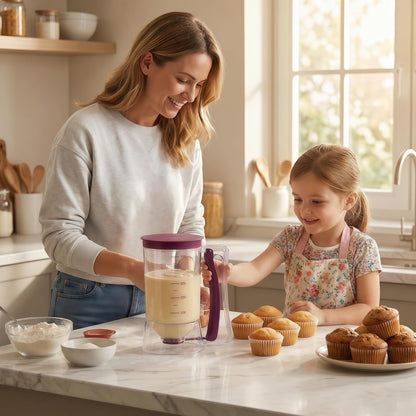 Pancake Batter Dispenser, 4-Cup Cupcake Batter Dispenser with Squeeze Handle & Measuring Marks & Easy Control, No-Drip Valve Baking Tool for Pancakes, Muffins, Waffles, Crepes, Cupcakes