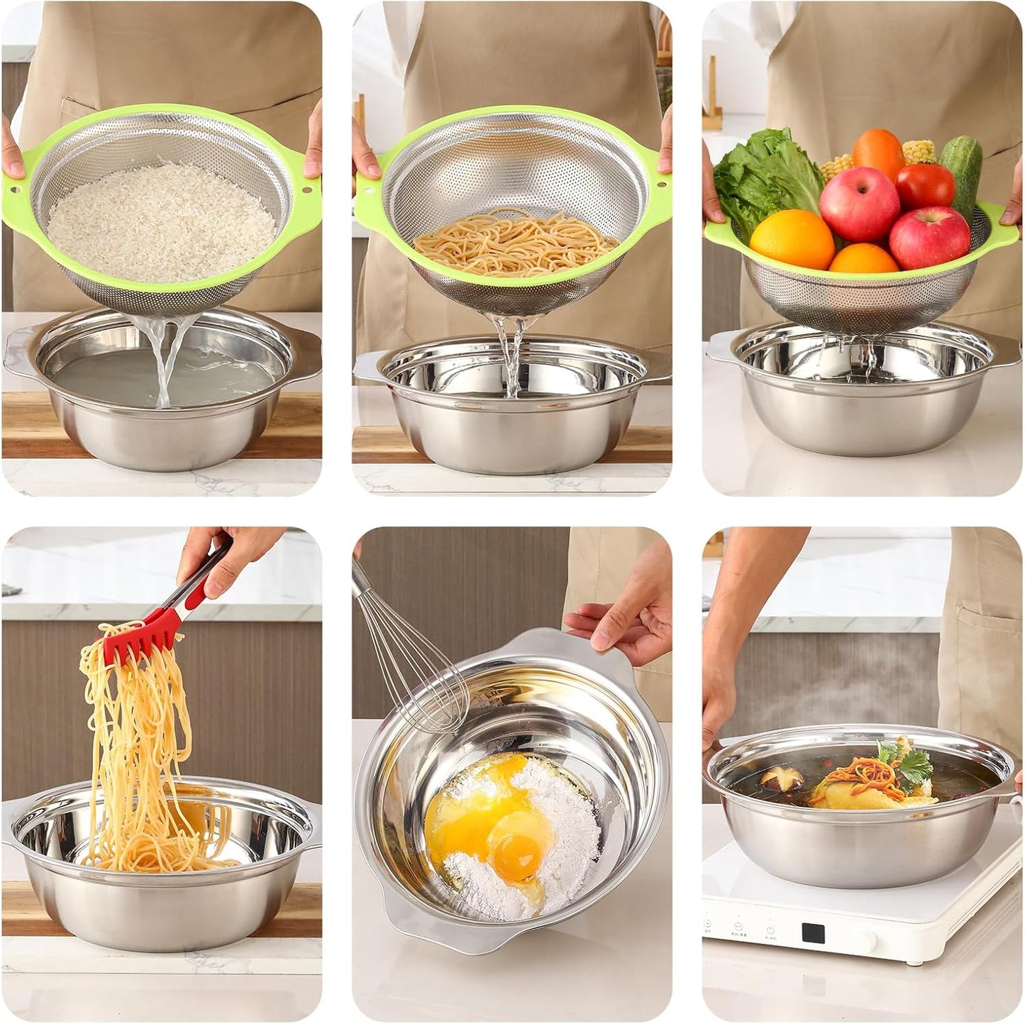 Colander Stainless Steel Microporous, 2QT Rice Strainer with Mixing Bowl, Rice Washer Bowl Set with Handle, Food-Grade Strainers and Colanders for Kitchen, Pasta, Fruit, Dishwasher Safe