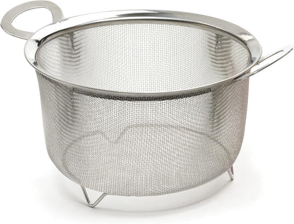 RSVP International Mesh Colander Strainer Basket with Folding Handles, 3 Quarts | For Pasta, Frying, & Salads | Dishwasher Safe | Use in Pressure Cookers | Steaming, Draining & Rinsing