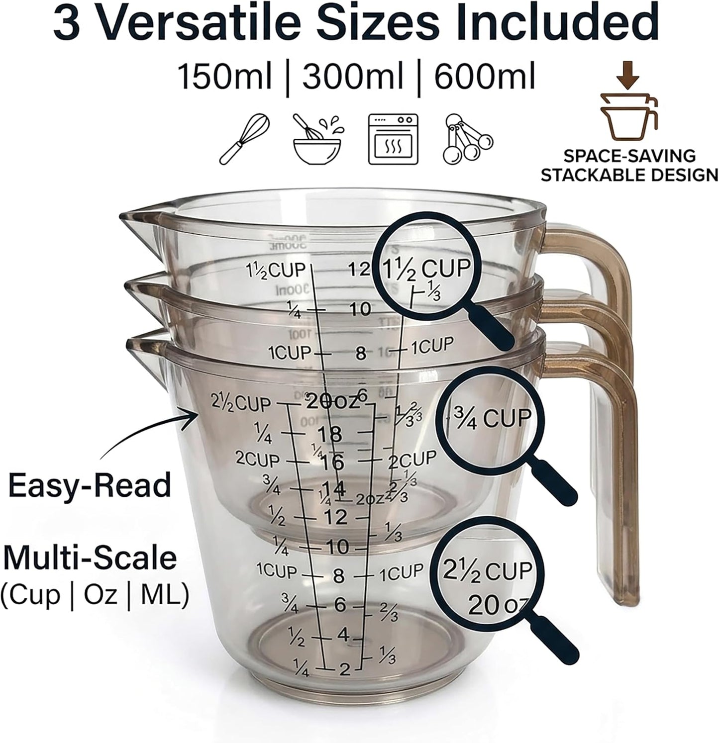 Measuring Cups Set, 3PCS with Pour Spout & Handle, Multi-Scale (cup | oz | ml) Stackable Liquid & Dry Plastic Measuring Tools for Baking Cooking, Essential Kitchen Gadgets (Coffee Brown)