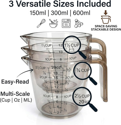Measuring Cups Set, 3PCS with Pour Spout & Handle, Multi-Scale (cup | oz | ml) Stackable Liquid & Dry Plastic Measuring Tools for Baking Cooking, Essential Kitchen Gadgets (Coffee Brown)