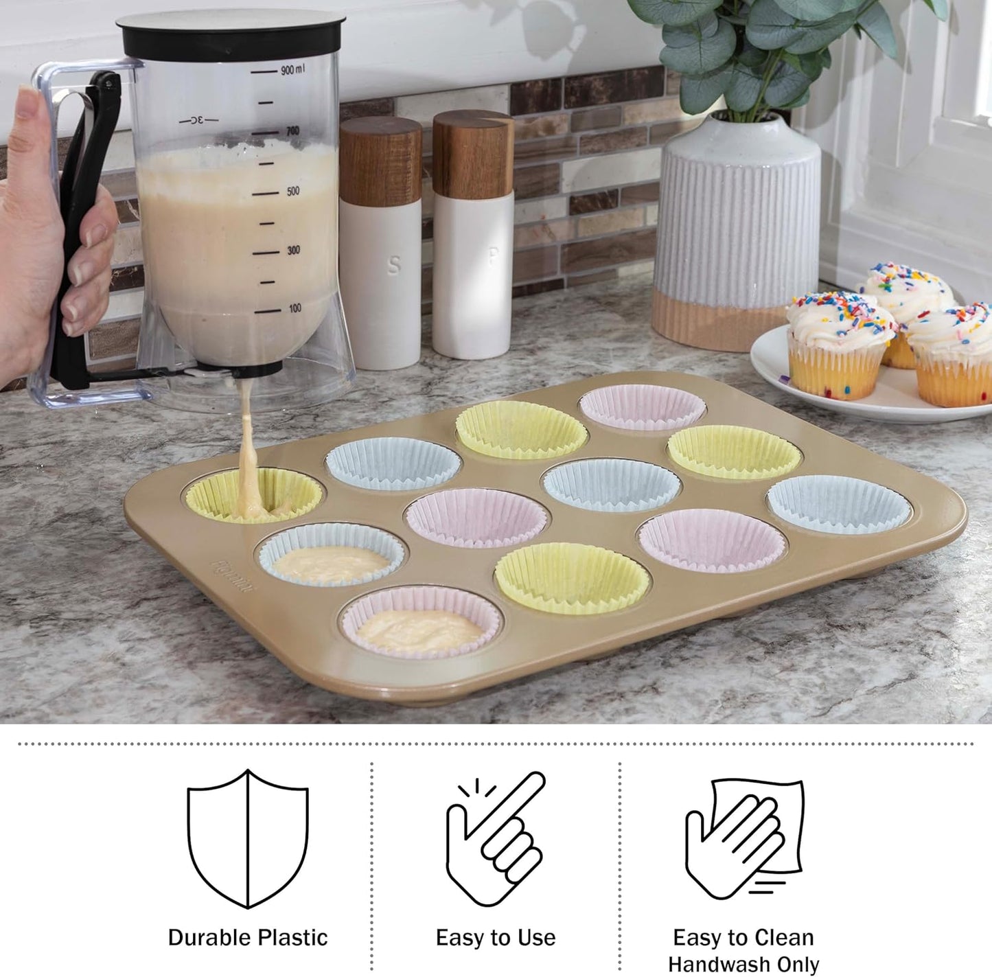 Pancake Batter Dispenser - 4-Cup Batter Dispenser with Squeeze Handle for Pancakes, Waffles, Muffins, and Crepes - Baking Tools (Purple)