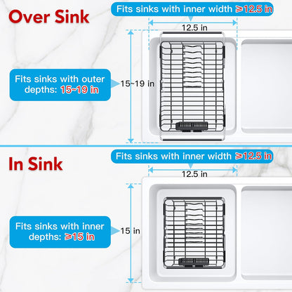 JASIWAY Roll Up Dish Drying Rack, Expandable (12.8"-23.8" D x 12.8" W) Stainless Steel Portable Drainer for Kitchen Sink Counter, Foldable Over The Sink Cover with Removable Utensil Holder
