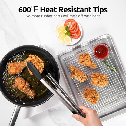 600ºF Heat Resistant Kitchen Tongs: U-Taste 9 inch Silicone Cooking Tong with Firm Sealed Non Stick Rubber Tips & Silicon Coated 18/8 Stainless Steel Handle & Smooth Locking for Serving Salad (Black)