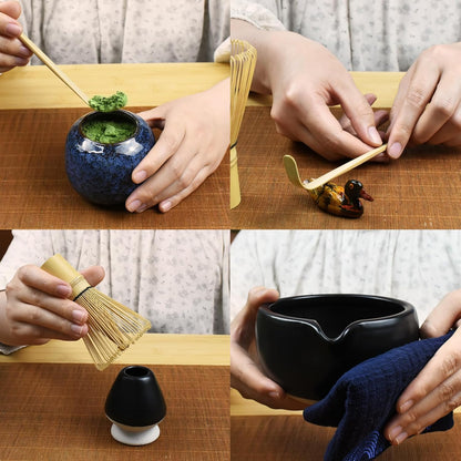 Artcome 7 Pcs Complete Matcha Ceremony Kit for Tea Ceremony, Bowl with Pouring Spout, Whisk, Tea Scoop, Matcha Powder Strainer, Matchatools For Making Usucha, Koicha and Matcha Latte (Black)